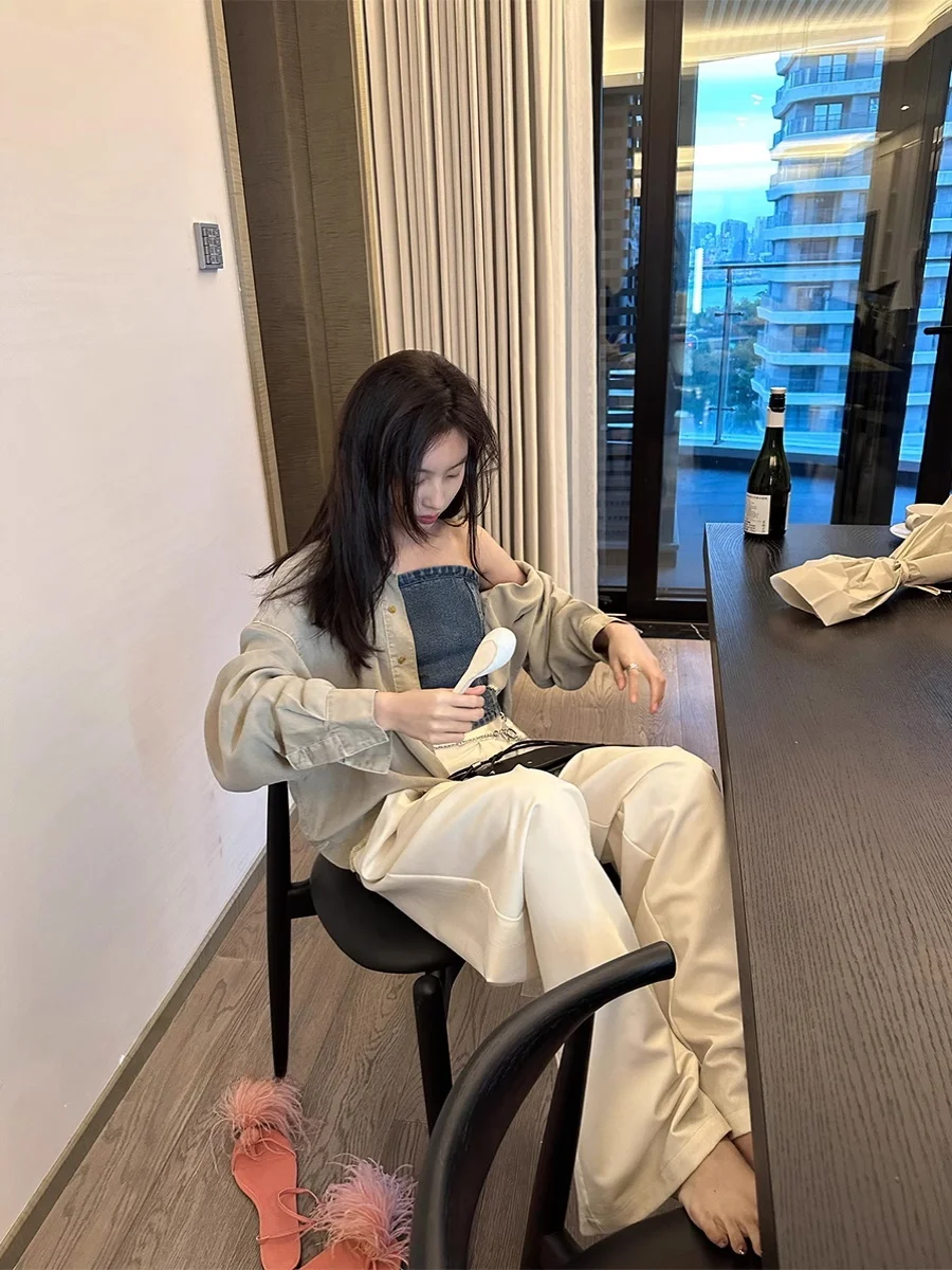 하이웨이스트 드레이핑 와이드 레그 팬츠 아세테이트 허리밴드 캐주얼 쿨 여성용 롱 팬츠 바닥까지 오는 길이 폴리에스터 혼방 원단