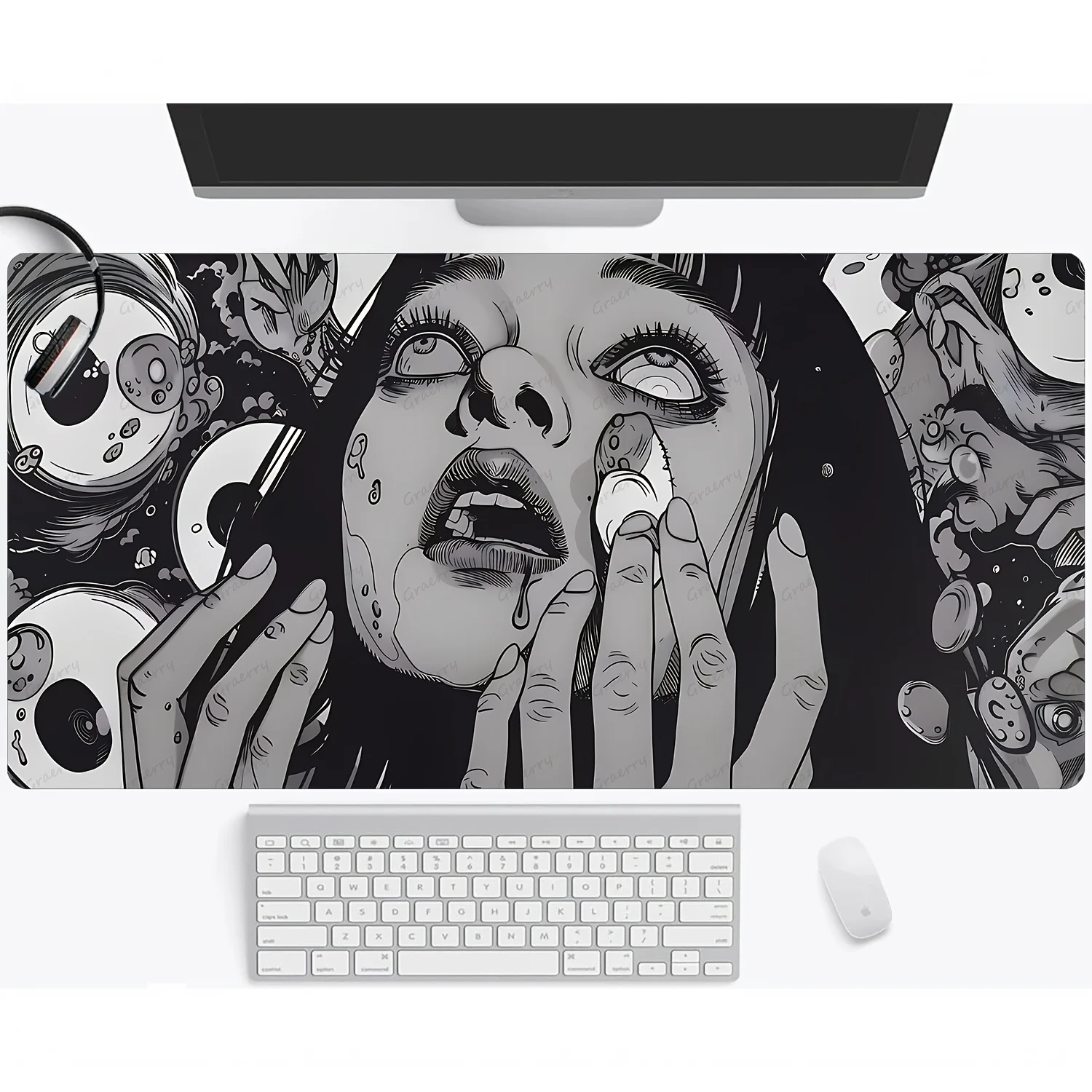 

Большой коврик для мыши в готическом стиле с аниме, черно-белый настольный коврик, нескользящие аксессуары для стола с прошитыми краями, игровые коврики junji ito