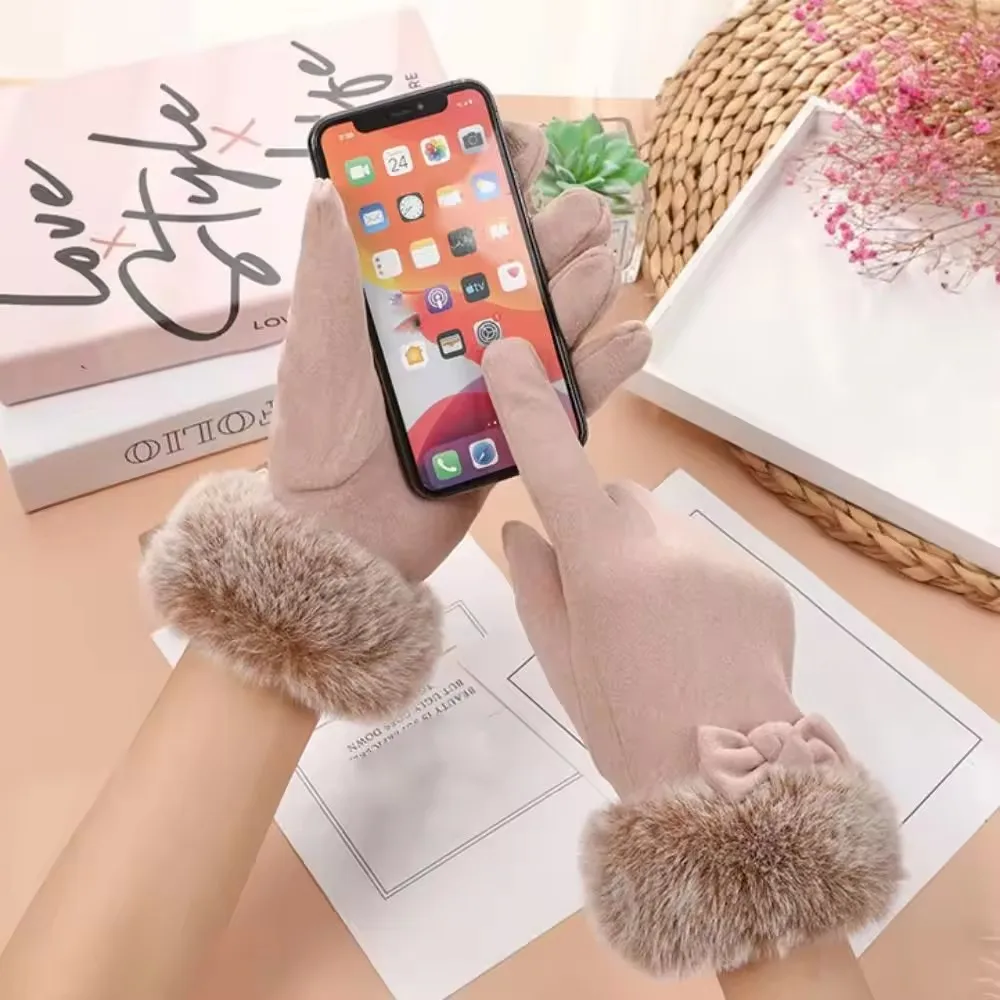 여성용 겨울 따뜻한 두꺼운 보우 플러시 장갑 미끄럼 방지 터치스크린 패셔너블한 손가락 장갑 우아하고 심플한 캐시미어 헤어리 장갑