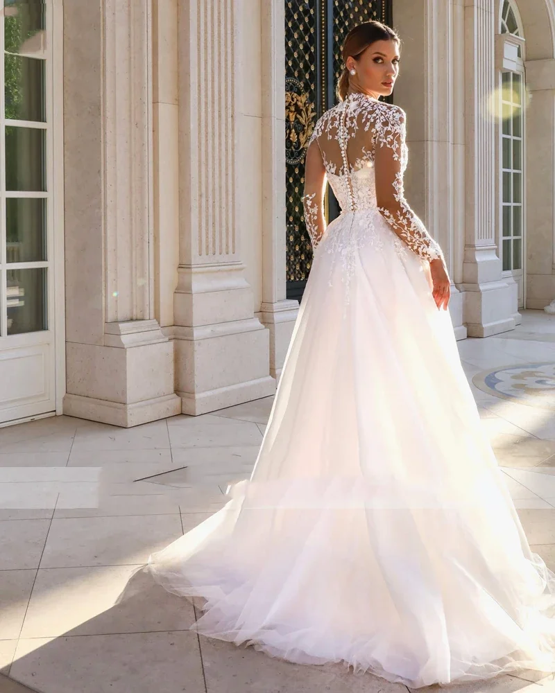 Flavinke Customized Classic High Neck Long Sleeve A-Line Wedding Dresses  Gorgeous Appliques Sweep Train Vintage Bridal Gown