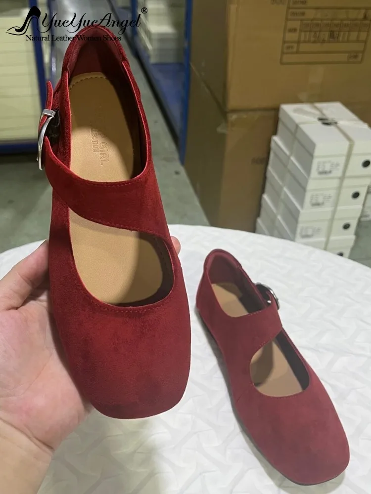 Women Genuine Leather Diamonds Round Toe Buckle Strap Pumps Comfortable Cowhide Solid Color Low Heel Mary Jane Shoes