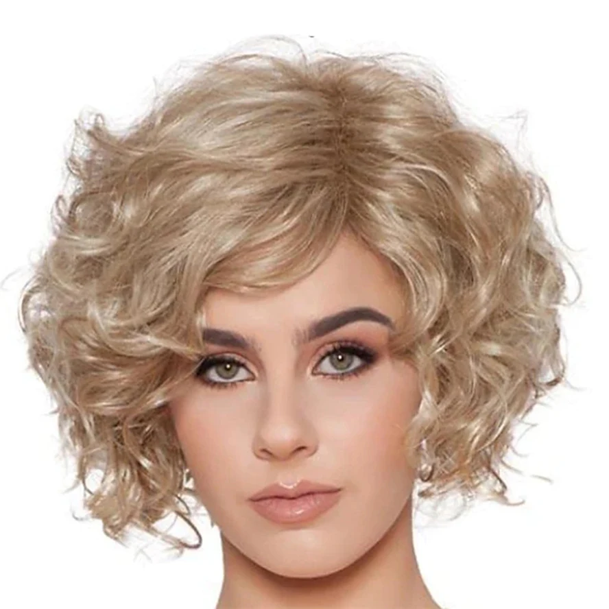 

Short Blonde Curly Wigs for White Women with Side Bangs Fluffy Natural Synthetic Heat Fiber Hair Wig Daily Party Costume Wigs