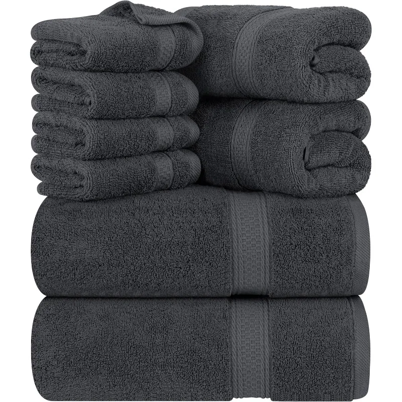 

8-Piece Premium Towel Set, 2 Bath Towels, 2 Hand Towels, and 4 Wash Cloths, 100% Ring Spun Cotton Highly Absorbent Towels