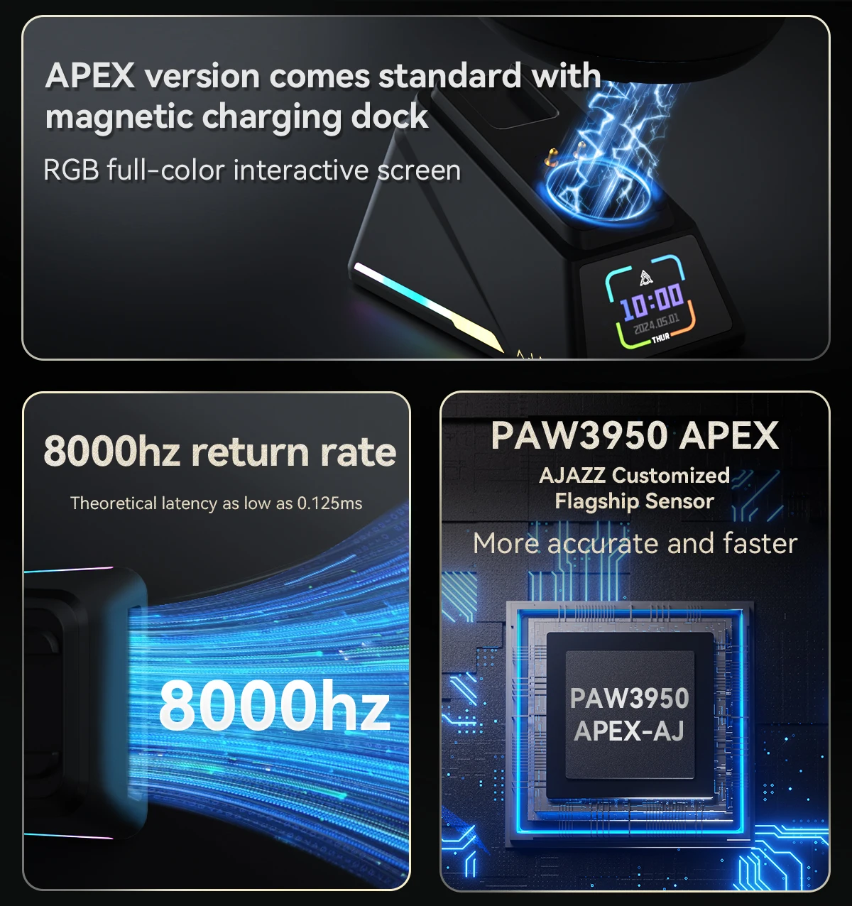 AJAZZAJ179 wireless gaming mouse three-mode 8k gaming right-hand lightweight color screen charging base PAW3395 image 6