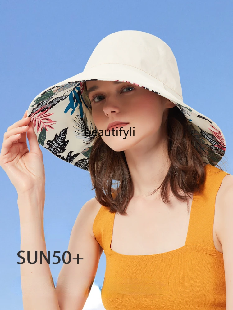 yj Reversible Fisherman Hat Women's Summer Beach Vacation Cover Face Big Brim Sun Protection Hat