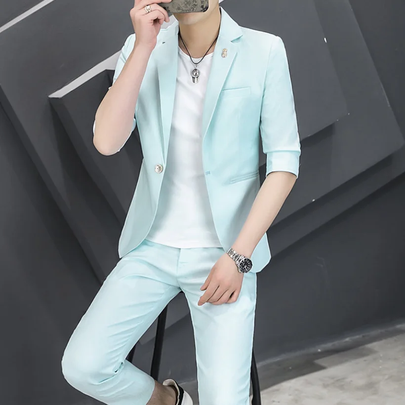 Summer Suit (suit + Trousers) Korean Version of Fashion Handsome Slim Mid-sleeve Casual Seven-point Sleeve Suit Two-piece Set