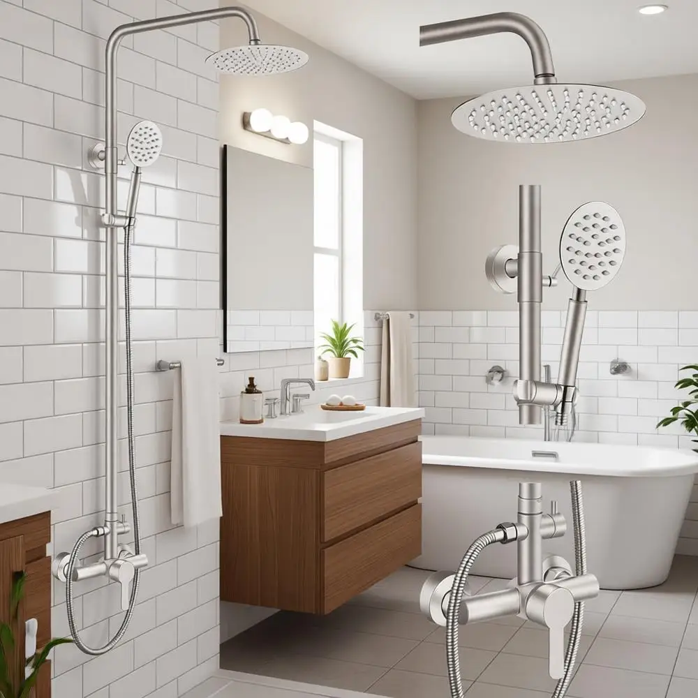 

Outdoor Shower Fixture SUS304 Shower Faucet Combo Set Stainless Steel 8 Rainfall Shower Head High Pressure Hand Spray Wall Mount