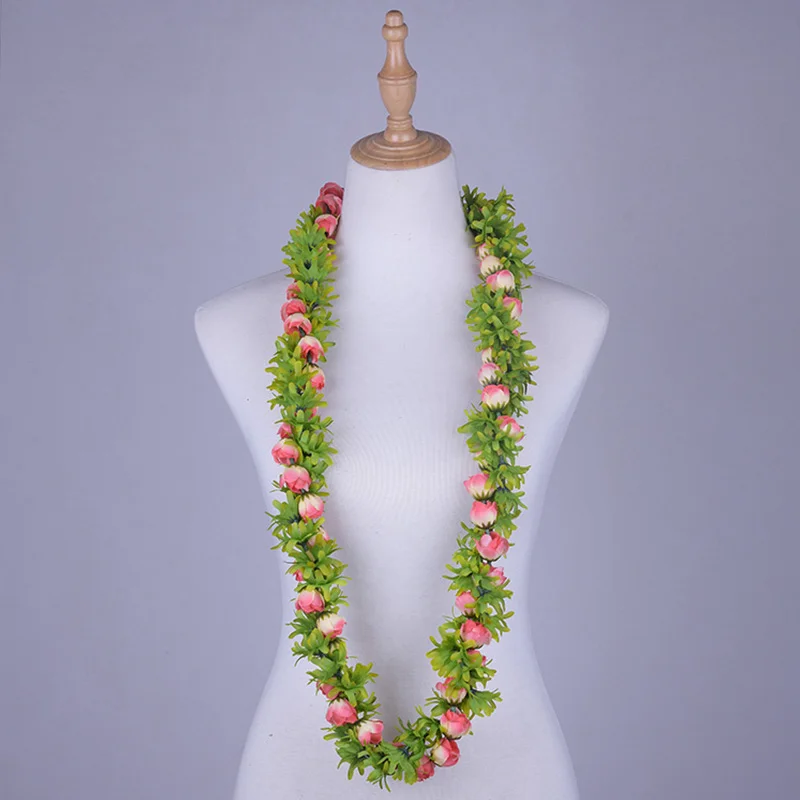 Popolare bocciolo di rosa di seta artificiale Greenrose Lei collana intrecciata a doppio filo ghirlanda hawaiana ghirlanda stile samoano polinesiano