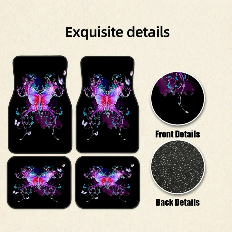 Set Of 4 Distinctive Butterfly Design Car Floor Mats, Perfect Present For Automotive Enthusiasts, Universal Compatibility, Long- 5