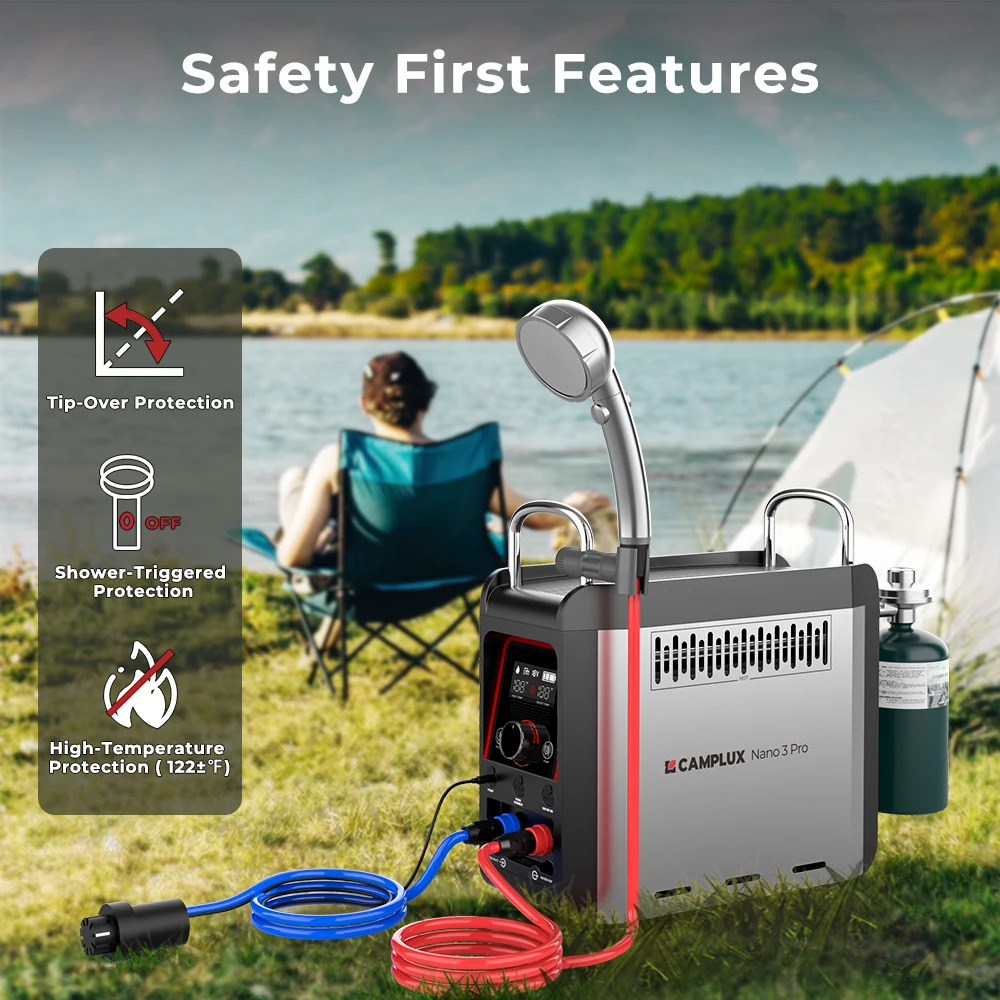 CAMPLUX Nano 3 Pro Battery Powered Portable Propane Water Heater 1lb Gas On Demand Camping Shower Outdoor Ground Use With Pump