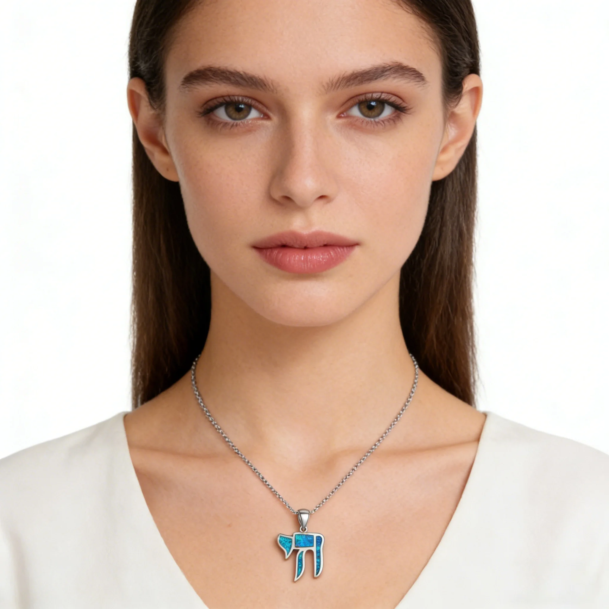Hebräische Chai-Glücksanhänger-Halskette, jüdisches Symbol des Lebens, Schmuck, versilbert mit blauem Opal, einzigartiges bedeutungsvolles spirituelles Geschenk – Detail 2
