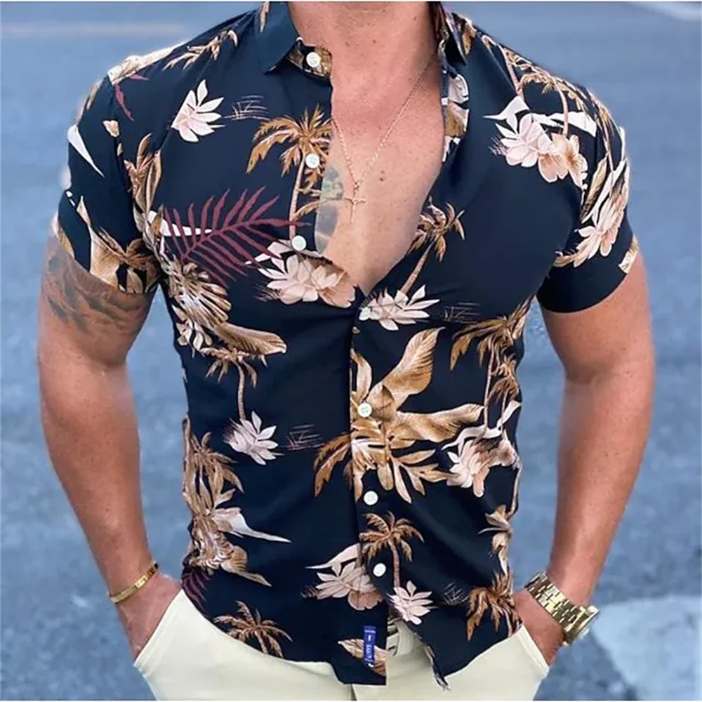 Hawaiian plant printed shirts men\'s 3D printed short sleeved shirt 2023 beach holiday top summer beach casual quick drying tops