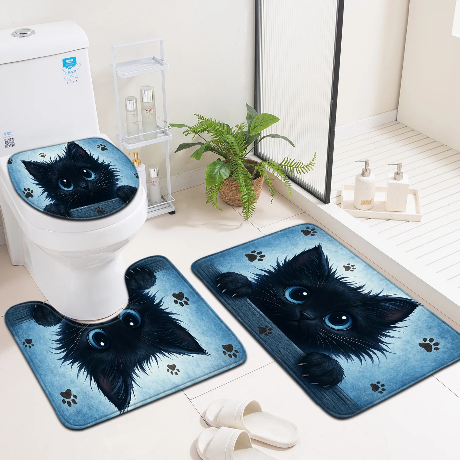 

Милый черный котенок с голубыми глазами: Набор для ванной из 3 предметов (противоскользящая крышка для унитаза, коврик для пола, U-образный коврик) – Декор для дома