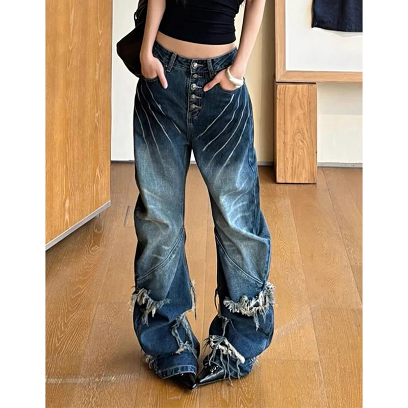 MEXZT Y2K 2000S Dziurawe Jeansy Damskie Vintage Streetwear Frędzle Szerokie Nogawki Denimowe Spodnie Grunge Gothic Harajuku Luźne Proste Spodnie
