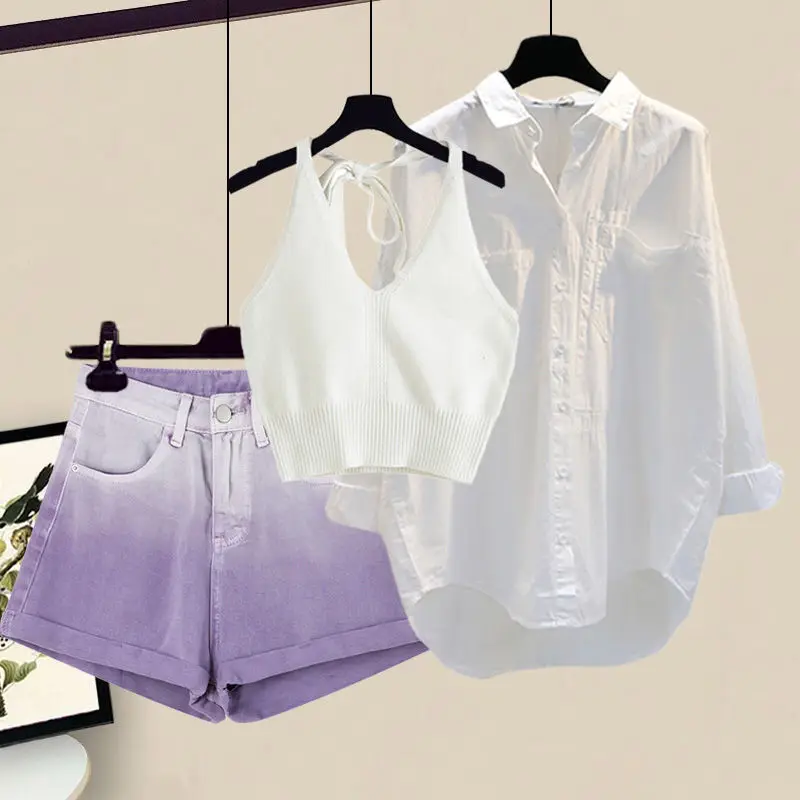 Camisa coreana com protetor solar e shorts jeans femininos, blusa fina, conjunto de 2 peças, vilões, conjuntos de saias, moda verão, novo, 2023