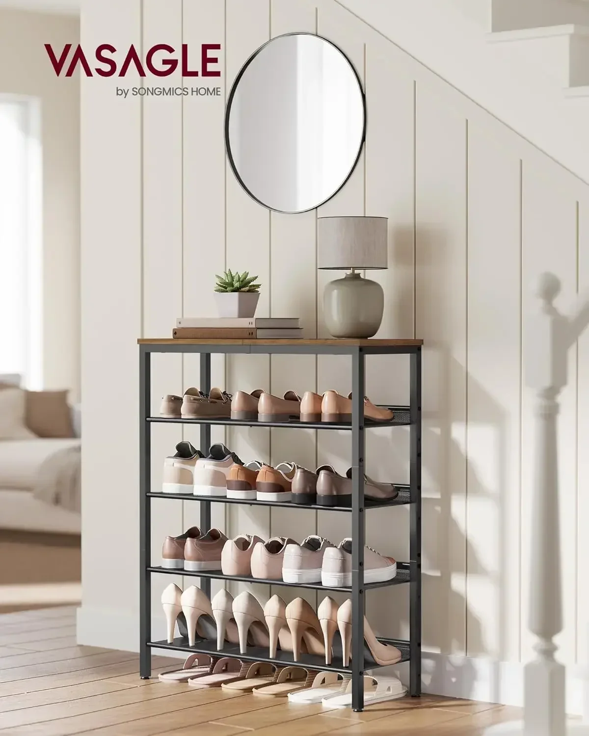 Shoe Rack for Entryway, 5 Tier Shoe Storage Shelves, 16-20 Pairs Shoe Organizer, with Sturdy Wooden Top and Steel Frame