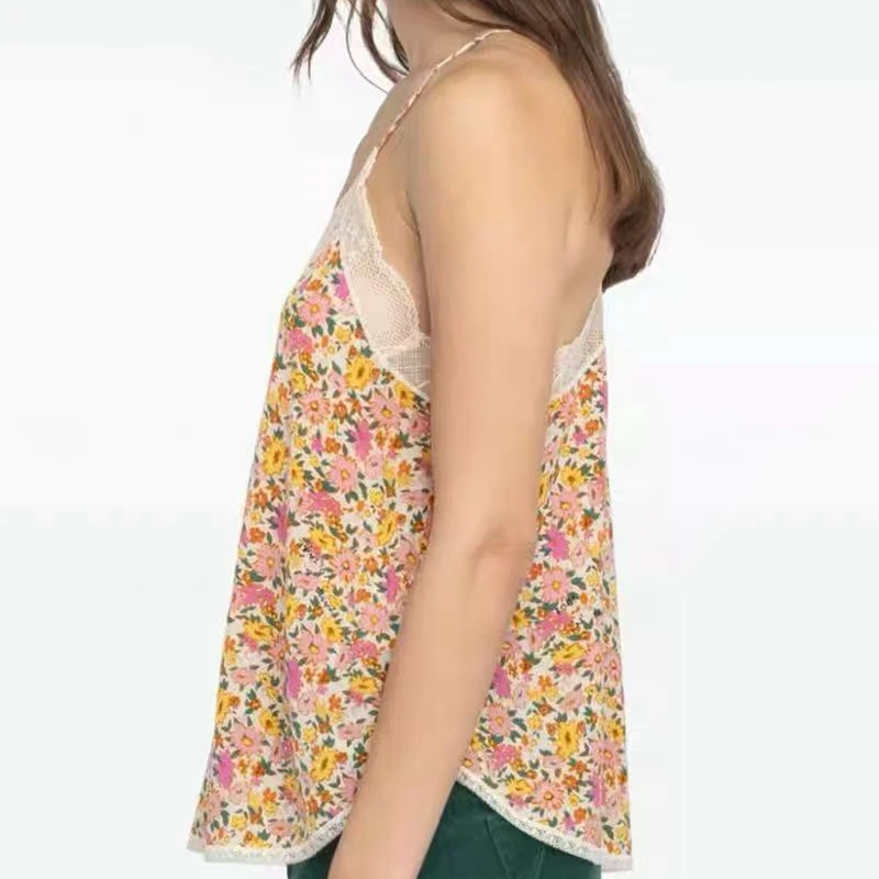 

Strap Top Vest 2026 Fashion Sexy Yellow Floral Lace V-neck Backless Camisole Top Yellow Short Sleeved Top
