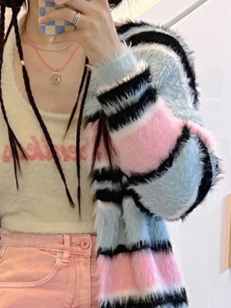 KOSAHIKI Kawaii Rainbow Striped Cardigan Women Detachable Long Sleeve Fluffy Sweater Coat Japanese Y2k All Match Kardigan Jacket