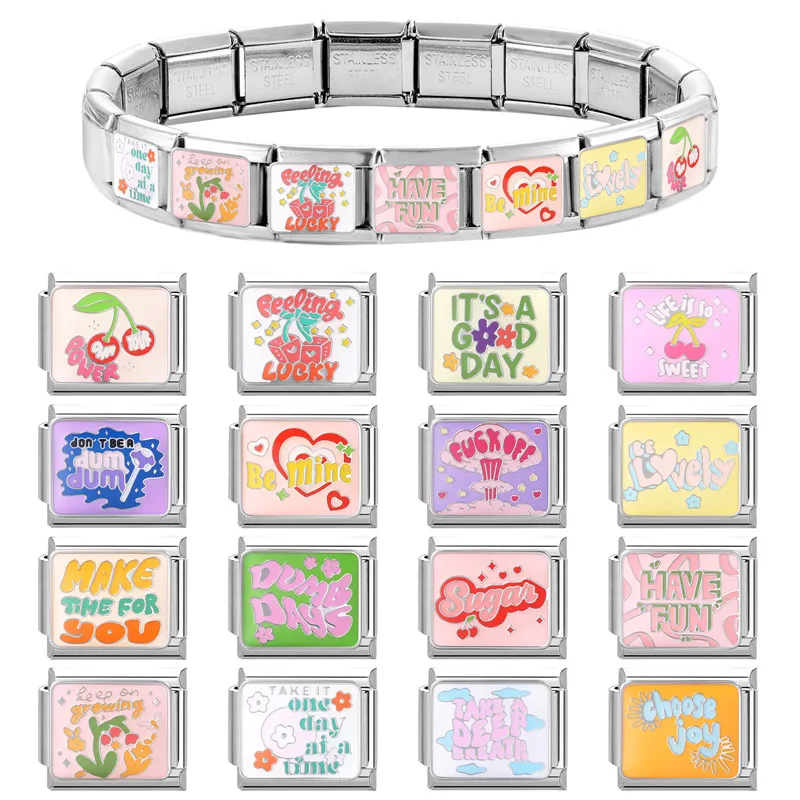 

1PC Words Art Design Power Lucky Have Fun Be Mine Charm Italian Link Fit 9mm Stainless Steel Bracelet Men Women DIY Making