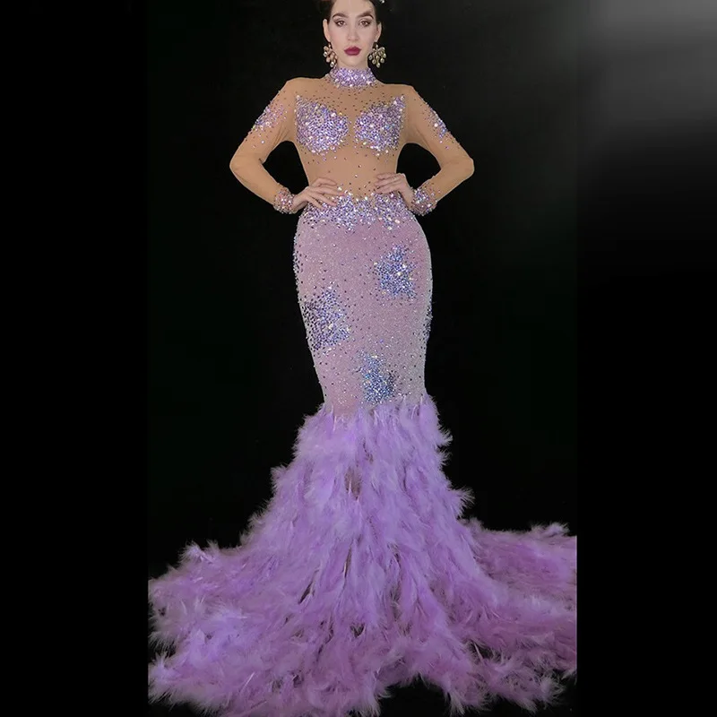 เพชรสีม่วง Feather ชุดผลกําไรในรอบชุด STAGE เครื่องแต่งกายผู้หญิง Vestidos De Fiesta Brillo Vestidos De Fiesta De Lujo