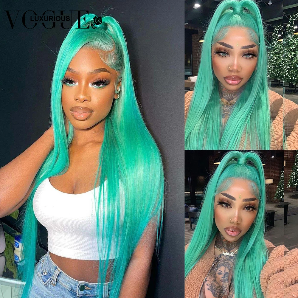 

Mint Green Color Natural Straight Body Wave Human Hair Frontal Wigs 5X5 Transparent Closure Brazilian Remy Front Wig On Sale