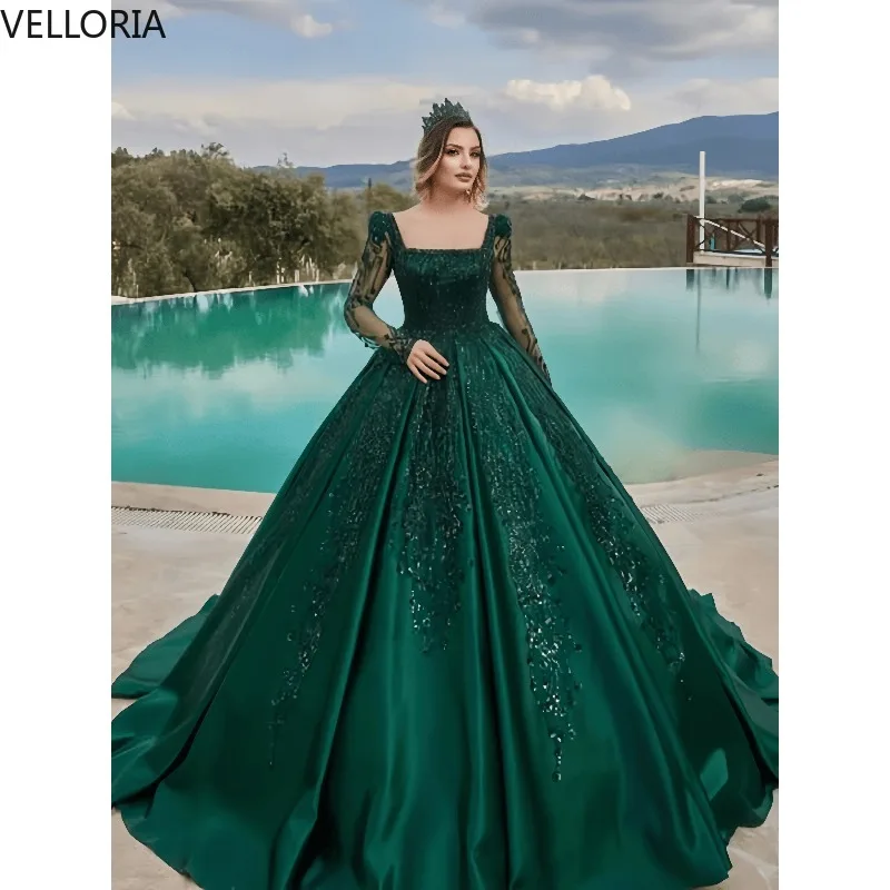 

Зеленое бальное платье с длинными рукавами, роскошное вечернее платье с блестящей аппликацией, Новое поступление 2025, вечернее платье, Vestdos De Fiesta, по индивидуальному заказу