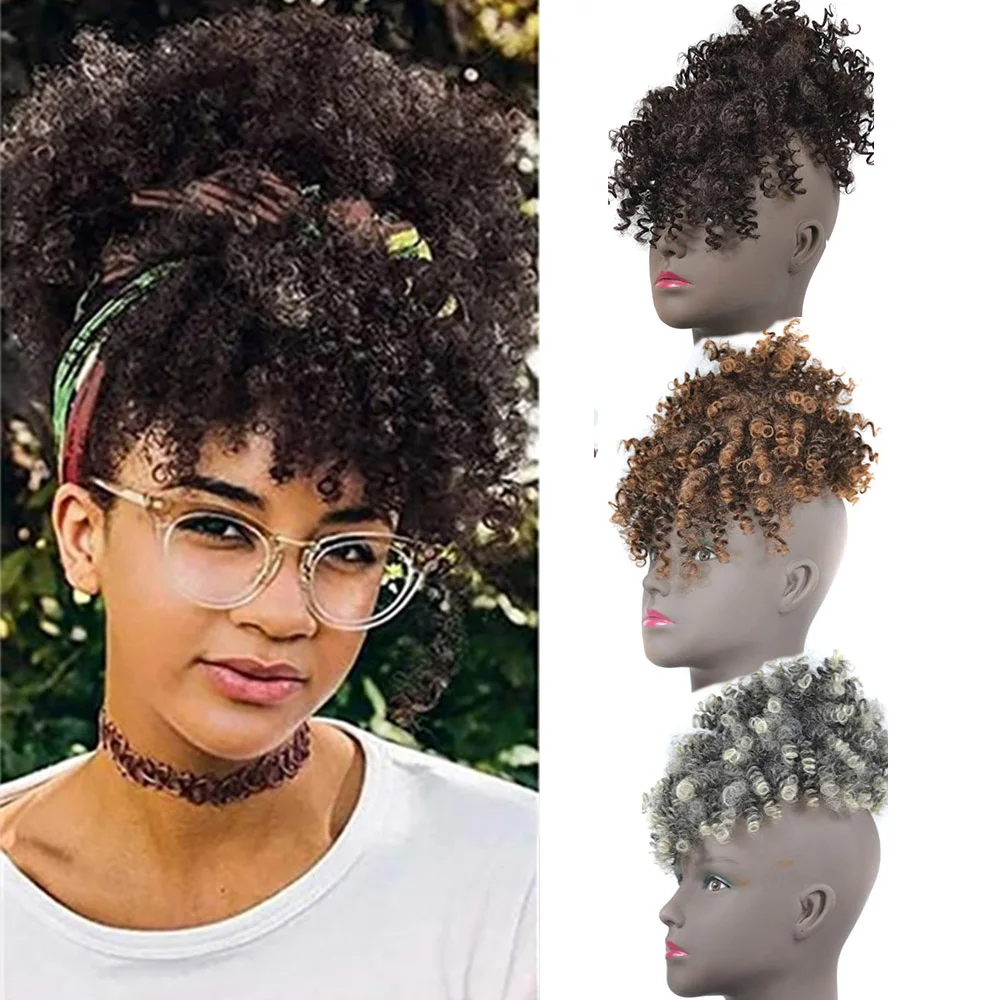 

Black Afro Puff Drawstring Ponytail with Bangs Short Kinky Curly Ponytail Bun Pineapple Updo Hair Extension Synthetic Hairpieces