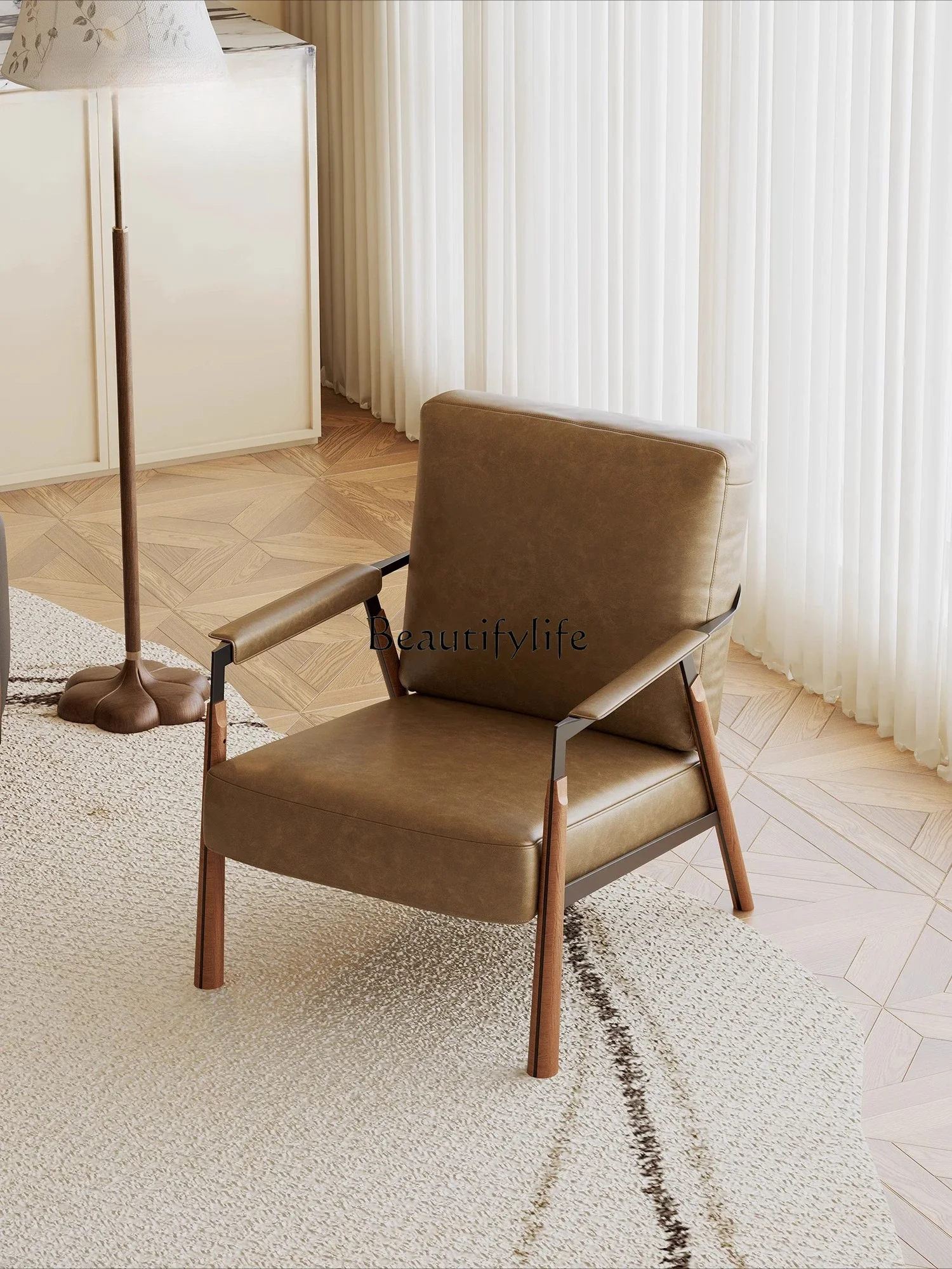 

yj32 Medieval leather single oil wax leather lazy recliner solid wood modern simple leisure chair