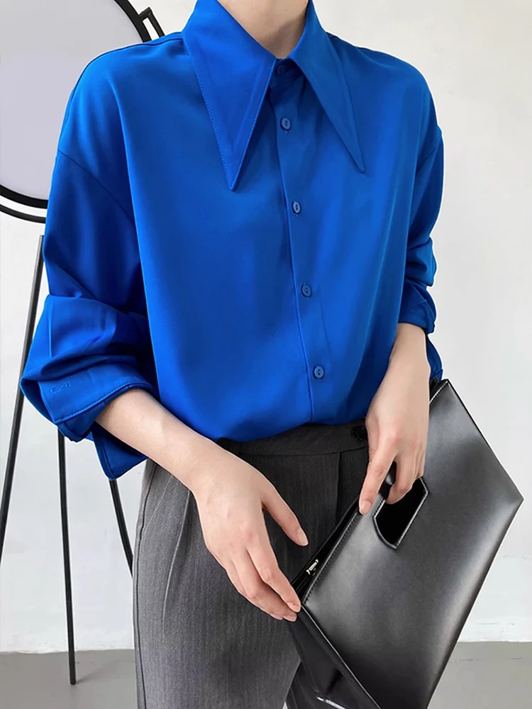 Women's irt Spring Autumn Drape Anti-Wrinkle Pointed Collar Top Comfortable Fit Long Sve Pure Color TT278