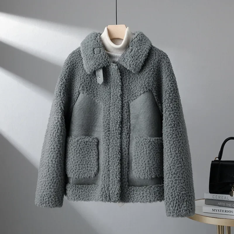 Winter Short Lambswool Coat Women 2023 New Fashion Granular Shearling Jacket Turndown Collar Pocket Zipper Outerwear Female