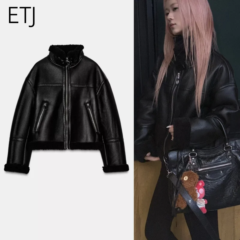 ETJ 2025 مجموعة الشتاء النسائية الجديدة y2k سترة دافئة رائعة غير رسمية الصوف عالية الرقبة دراجة نارية الفراء قطعة واحدة سترة