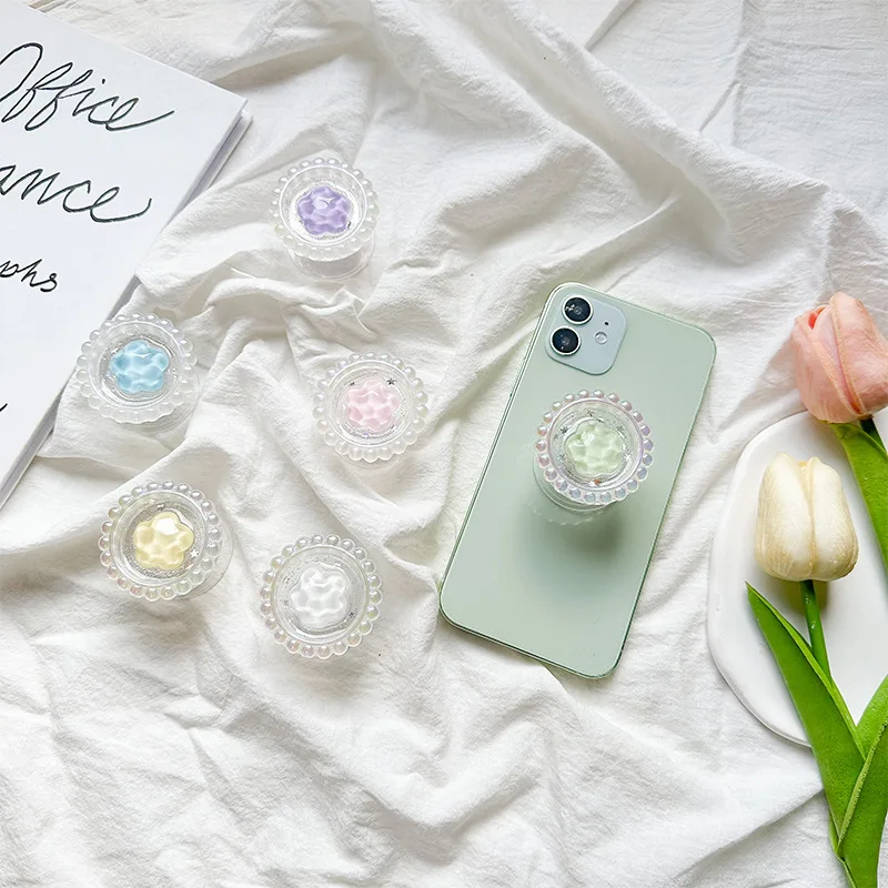 Pearl Flower Collapsible Expandable Multi Functional Mobile Phone Grip & Kicktand (Green Flower)