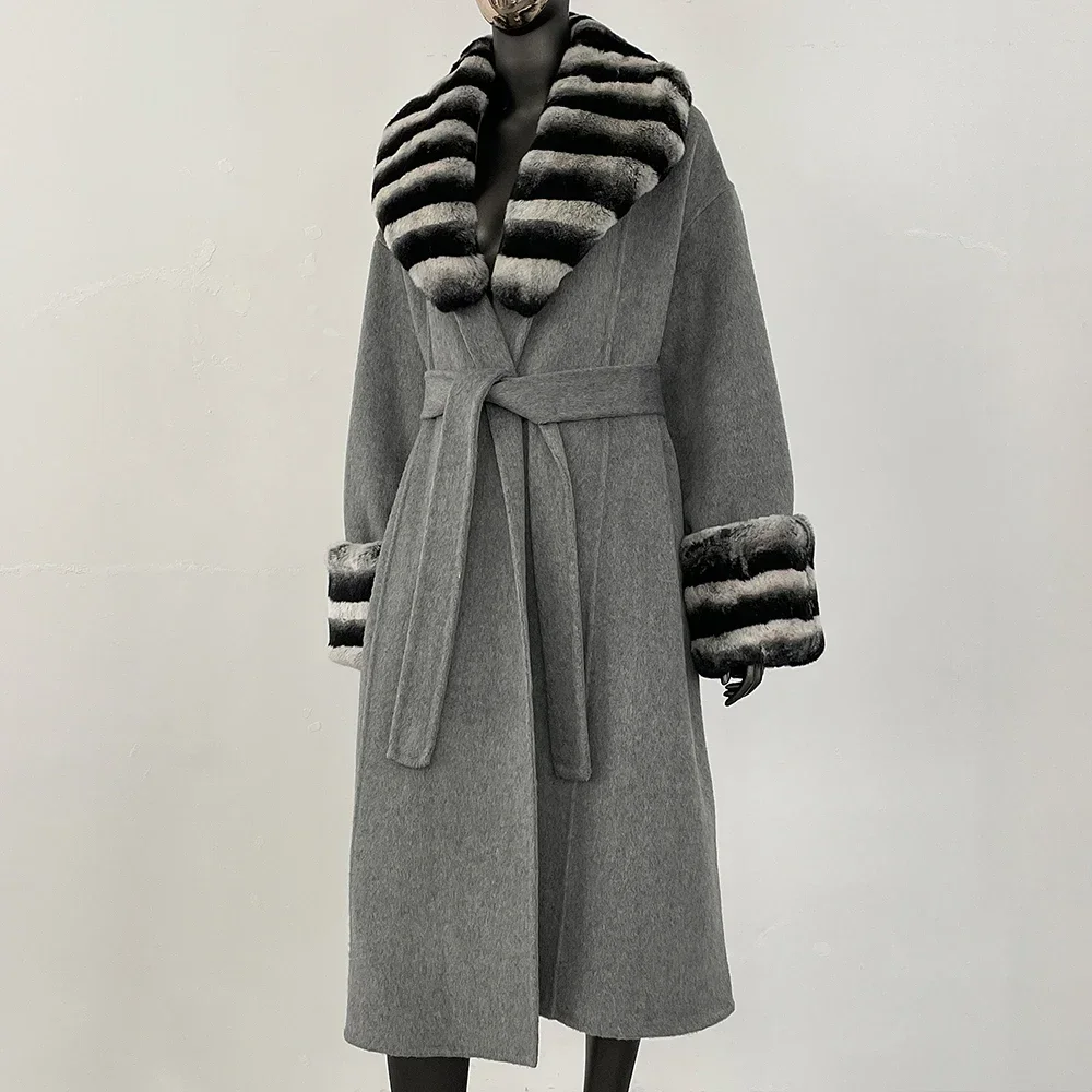 معطف صوف فرو أرنب ريكس حقيقي للنساء أنيق طويل من الصوف بأصفاد معطف صوفي مزيج من الصوف للربيع والخريف بياقة من الفرو الحقيقي