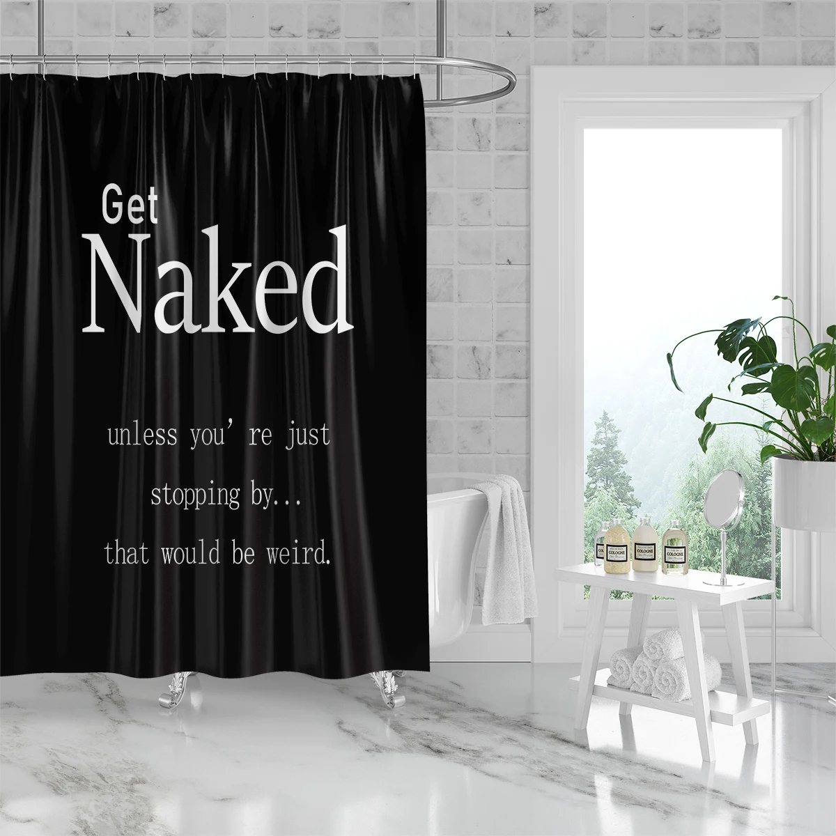 1PC180x180cm black fun statement shower curtain with hooks, partition waterproof and mold resistant decorative bathroom