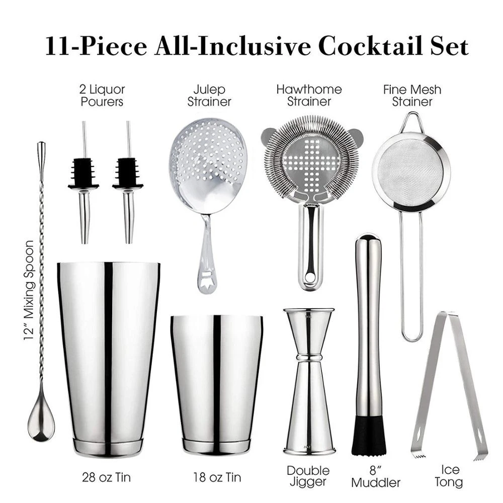 

Cocktail Shaker Bar Set: 2 Weighted Boston Shakers, Cocktail Strainer Set,Jigger,Muddler and Spoon, Ice Tong and 2 Bottle Pourer