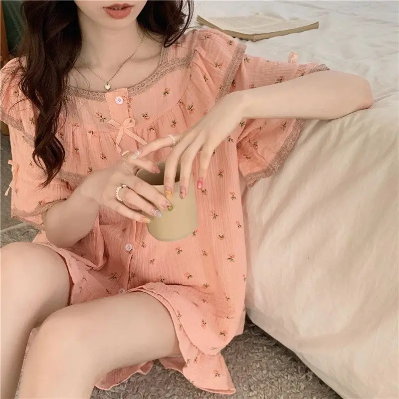 Pajama Sets Women Sweet Floral Princess Summer New Sleepwear Students Homewear Trendy All-match Cozy Design Casual Daily Ulzzang