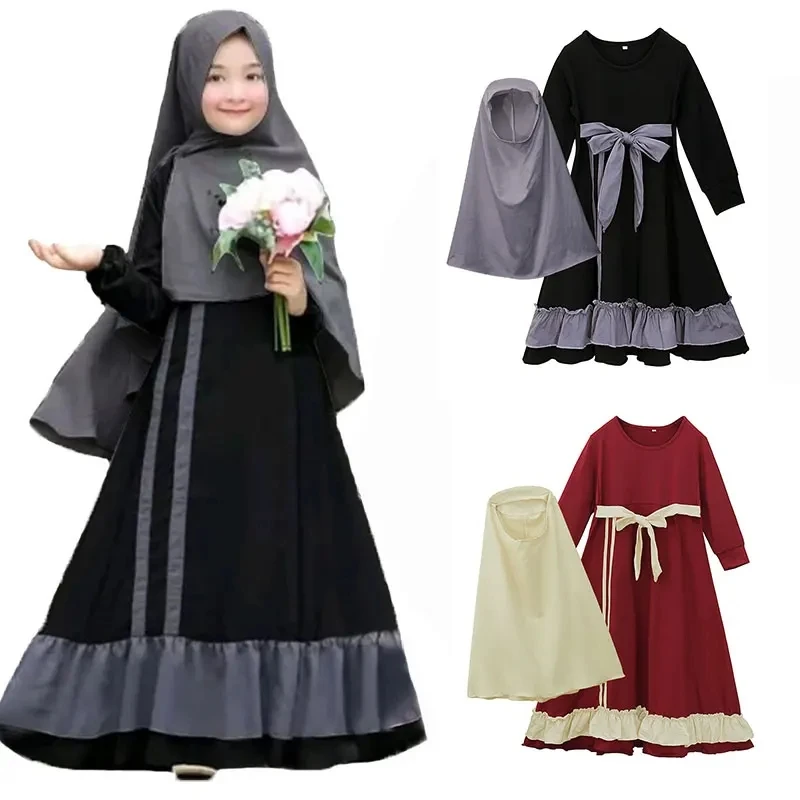

Islamic Muslim Dress Prayer Abaya Jilbab Girls Baby Kids 1-10Y With Hijab Front or Back Lace-up Contrast Color Strips Black Red