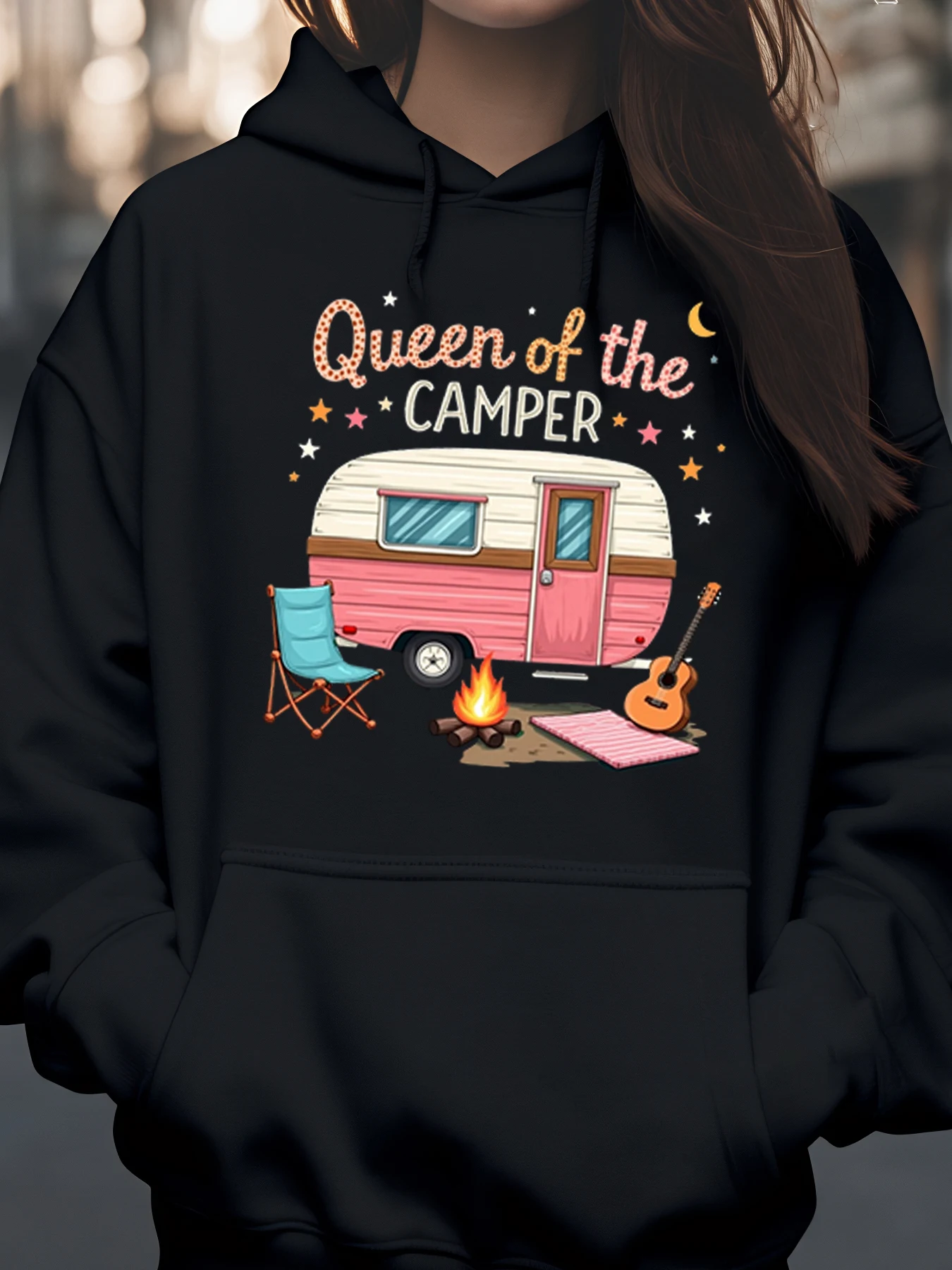

Queen of the Camper Print Hoodie Camping Outdoor Adventure Women's Casual Sweatshirt