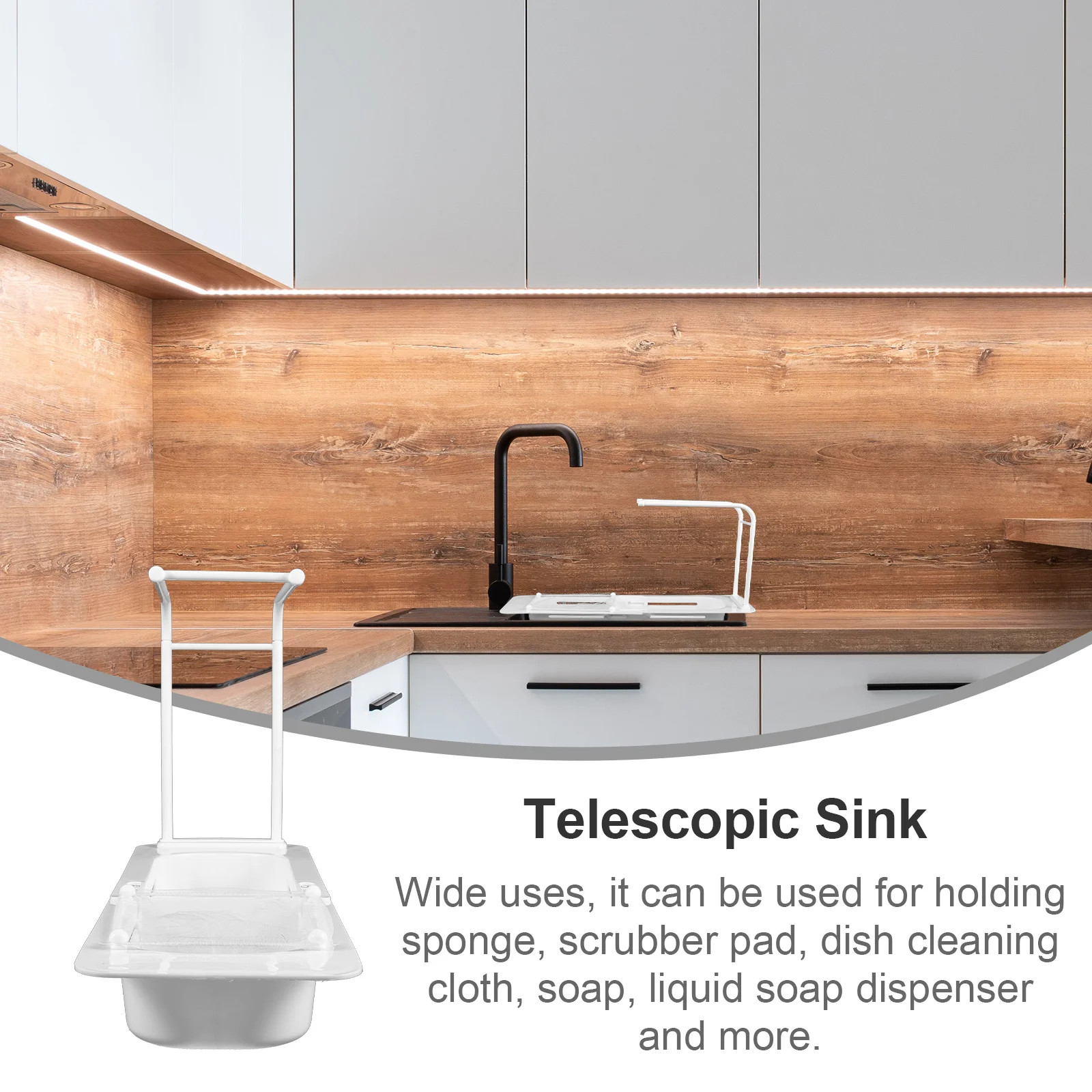 ที่คว่ำจานแบบขยายได้ ชั้นวางอุปกรณ์ครัว ตะกร้ากรองเศษอาหาร ที่วางฟองน้ำและสบู่ ตะแกรงกรองแบบปรับได้ ที่วางอ่างล้างจานแบบยืดหดได้