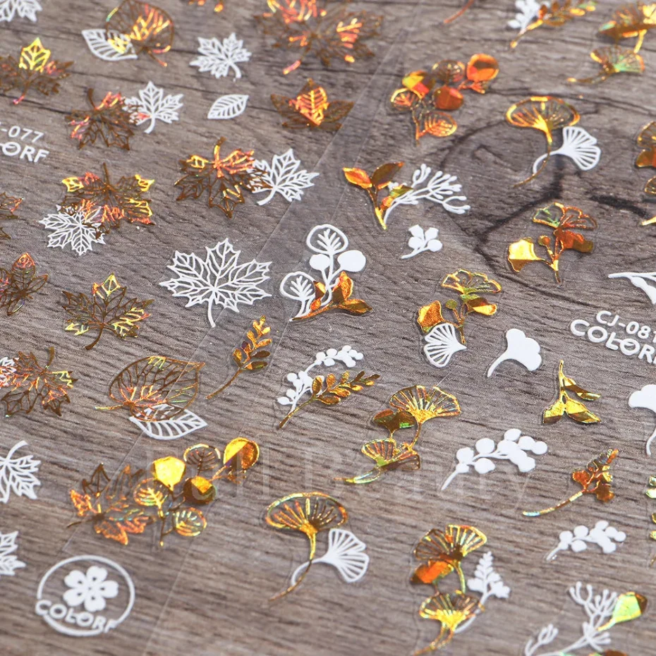 Autumn Manicure 2022 Stickers White Laser Gold Fall Leaves Decals Sliders Nail Art Decor Thanksgiving 3D Adhesive Foils CHCJ077