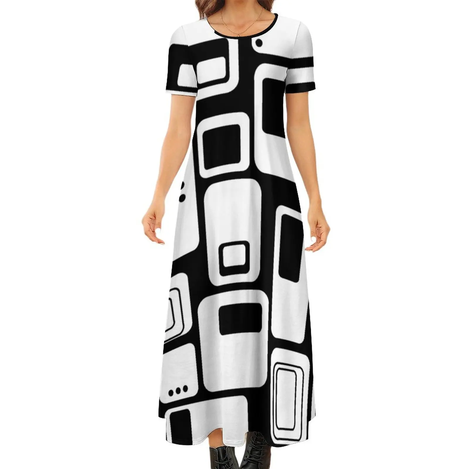 

Black White Contrast Abstract Round Neck Short Sleeve Dress luxury dress clothes for woman wedding dresses for parties