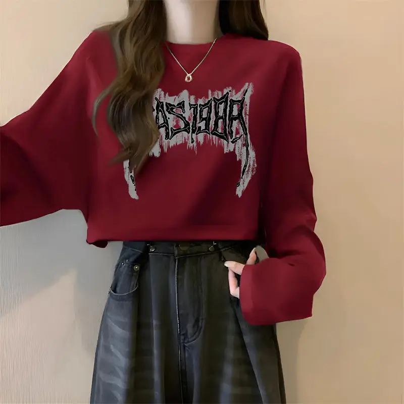 Burgundy Printed Round Neck Short T-Shirt Women In Autumn New Loose Korean Long-Sleeved Niche Design Slim Top