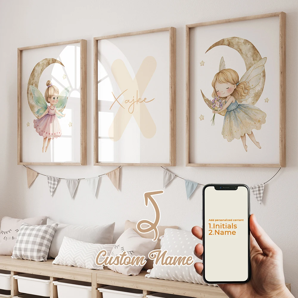 

3pcs Personalized Name Custom Cute Pink Blue Elf Moon Star Flower Wall Art Print Picture Living Room Kids Room Home Decor