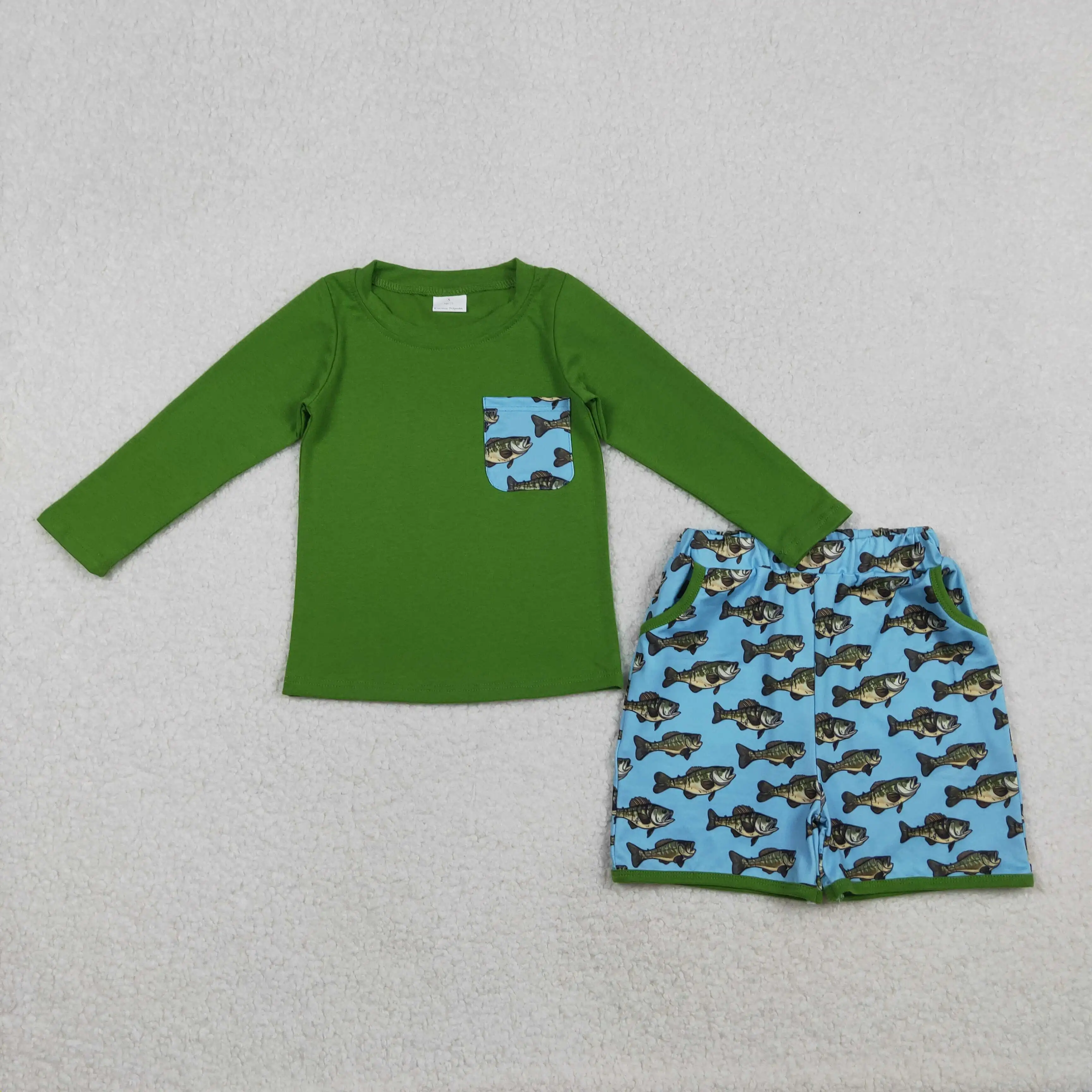 

Baby Boys Green Long Sleeve Plaid Fish Print Top with Pockets Matching Shorts Hunting Themed Outfit Set