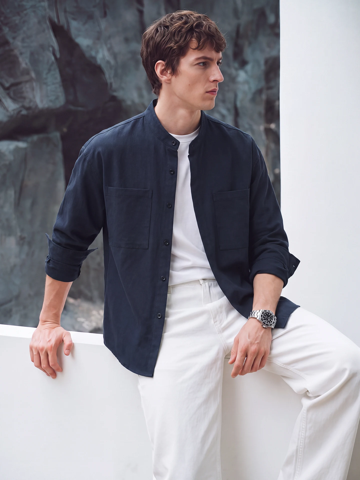 Loose Long Sleeve Pure Color Stand Collar Men's Shirt Casual Commute Fashion Urban Style Polyester Fiber Breathable Comfortable