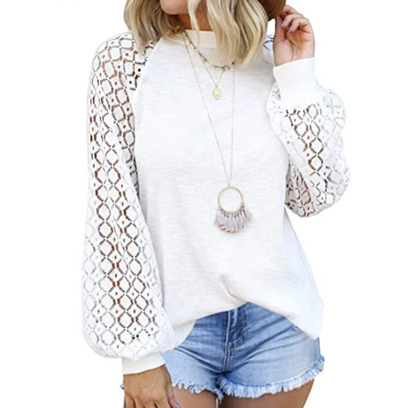 Women's New Waffle Top Explosive Round Neck Long Sleeved Lace Top for Women