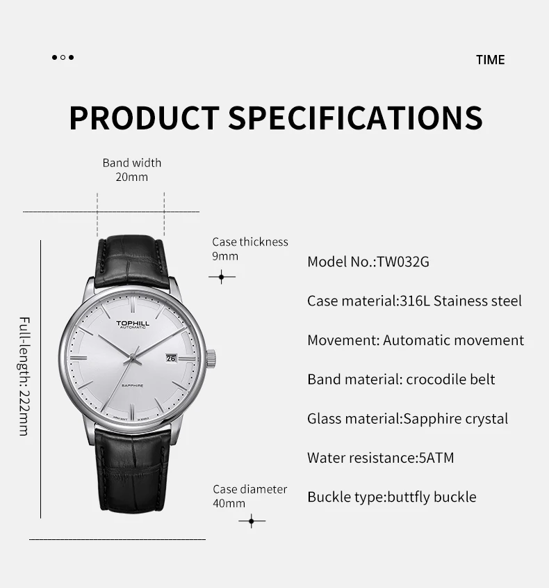 TOPHILL Stainless steel  Automatic Mechanical Men Watches High Quality Men Luxury Leather Watch Waterproof Bussiness Wristwatch