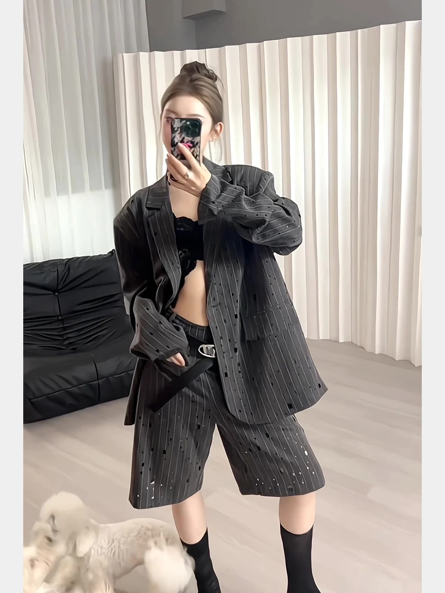 

Fashionable Short Suit Set for Women Heavy Embellished Sun Protection Straight Leg Short Pants Two Piece Set Spring Autumn Ne...