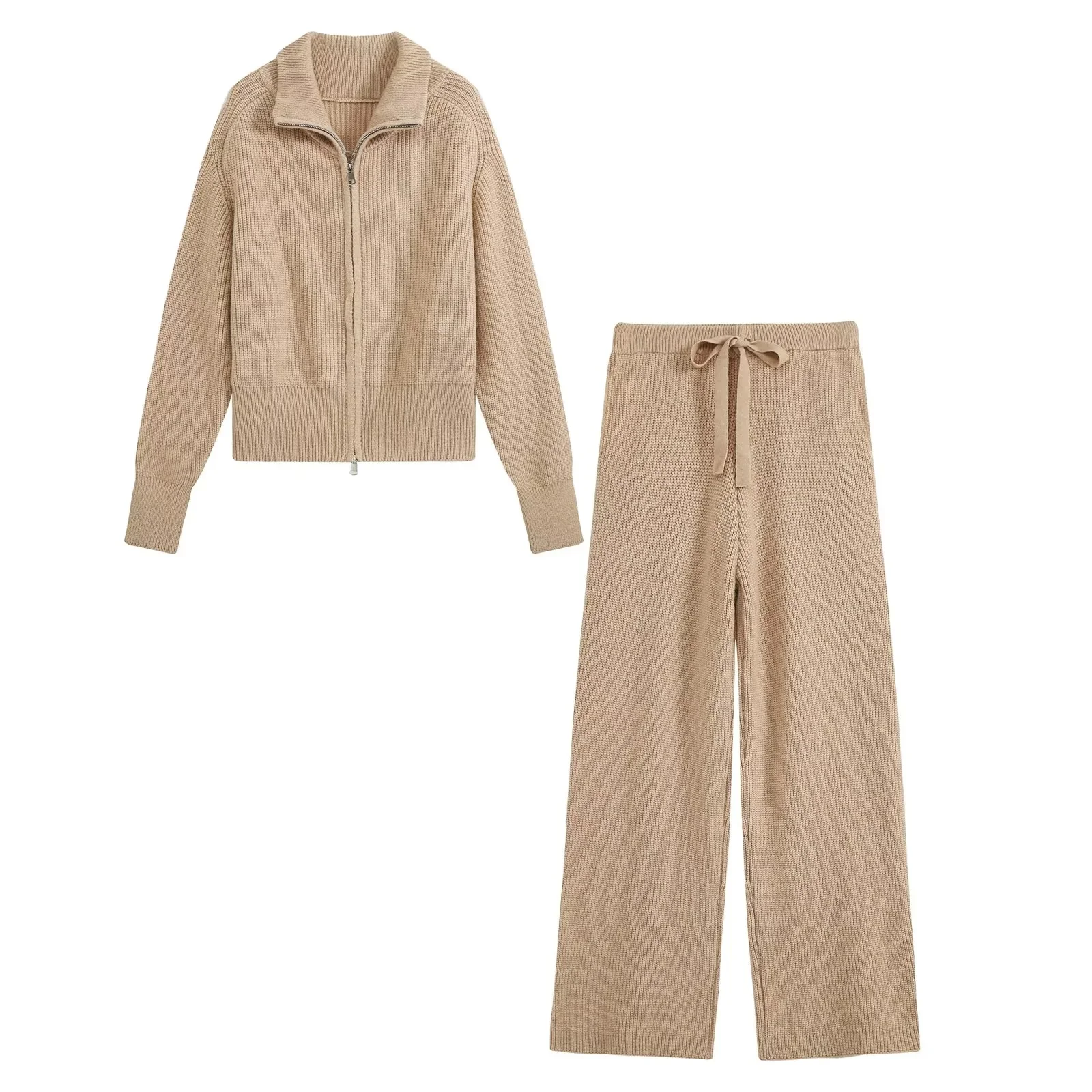 KONDALA Damen Trendiges Pendler-Hosen-Set Reißverschluss-Revers-Strickjacke Elastische Taille Hose Neue Mode 2026 Herbst Winter Freizeit-Set – Detail 10