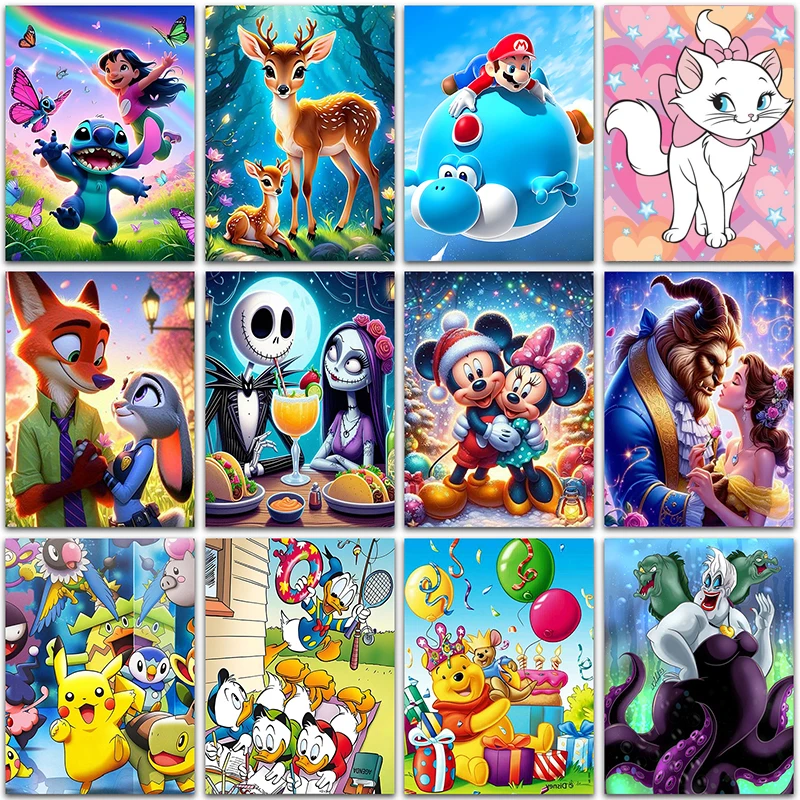Pintura de diamante de Disney, Pokemon, Pikachu, Lilo y Stitch, Super Mario, decoración del hogar, mosaico cuadrado y redondo completo, bordado, punto de cruz